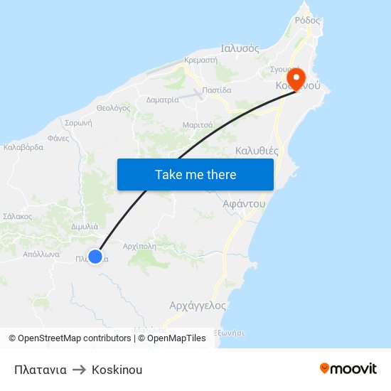 Πλατανια to Koskinou map