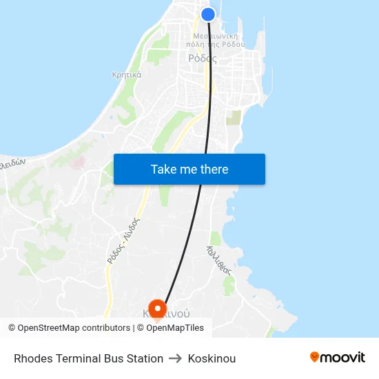 Rhodes Terminal Bus Station to Koskinou map