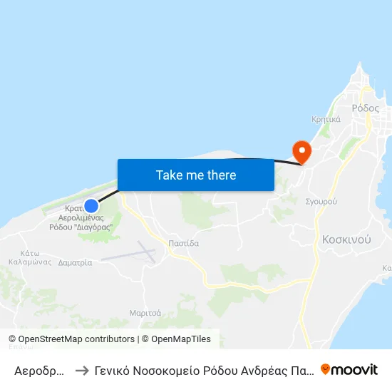Airport to Rhodes General Hospital Andreas Papandreou map