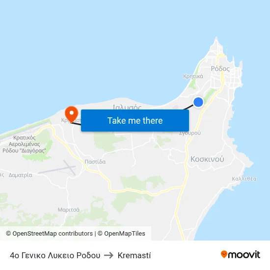 4th General Lyceum of Rhodes to Kremasti map