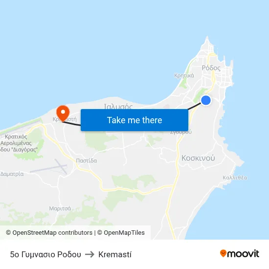 5th Gymnasium of Rhodes to Kremasti map