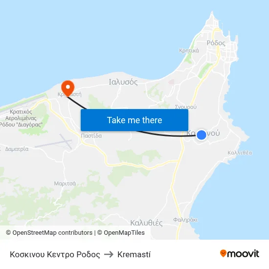 Koskinou Center Rhodes to Kremasti map