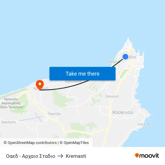 OAED - Ancient Stadium to Kremasti map