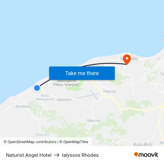Naturist Angel Hotel to Ialyssos Rhodes map