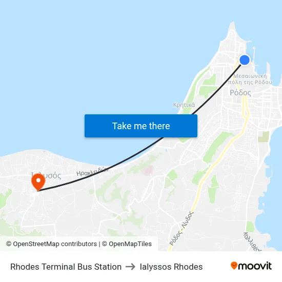 Rhodes Terminal Bus Station to Ialyssos Rhodes map