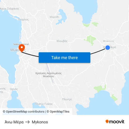 Ano Mera to Mykonos map