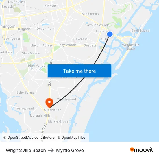 Wrightsville Beach to Myrtle Grove map