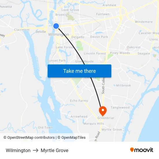 Wilmington to Myrtle Grove map