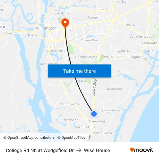 College Rd Nb at Wedgefield Dr to Wise House map