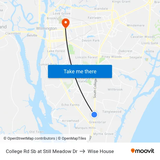 College Rd Sb at Still Meadow Dr to Wise House map