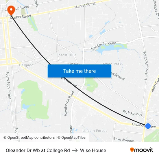 Oleander Dr Wb at College Rd to Wise House map