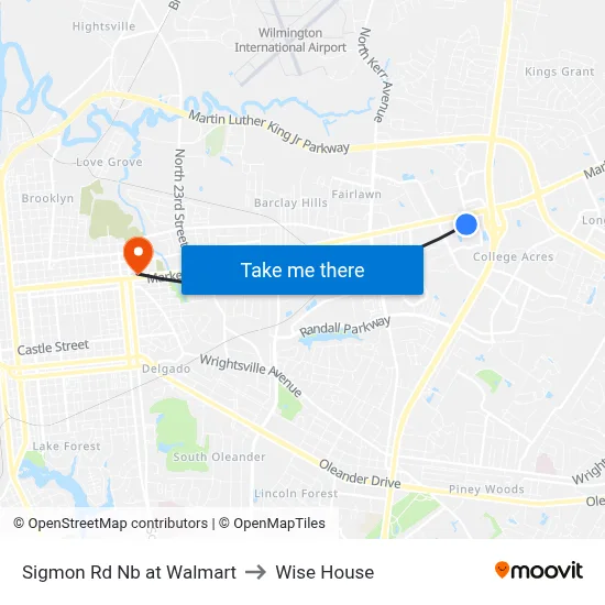 Sigmon Rd Nb at Walmart to Wise House map