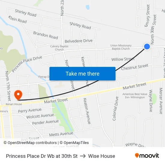 Princess Place Dr Wb at 30th St to Wise House map
