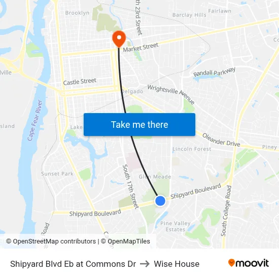Shipyard Blvd Eb at Commons Dr to Wise House map