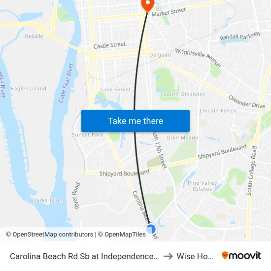 Carolina Beach Rd Sb at Independence Blvd to Wise House map