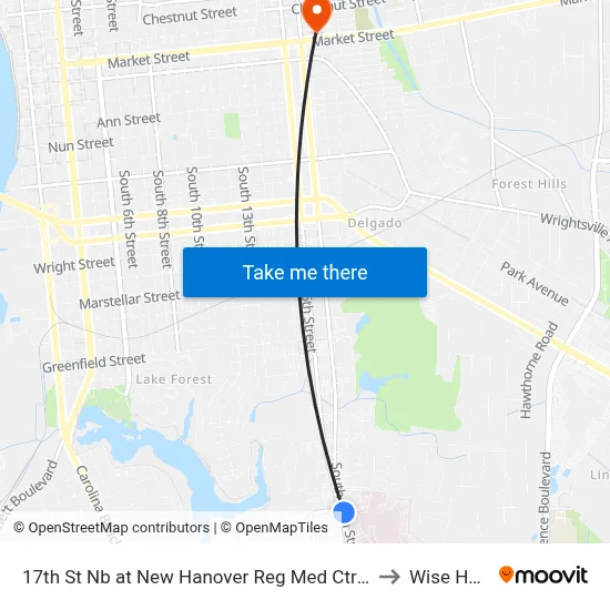 17th St Nb at New Hanover Reg Med Ctr North Stop to Wise House map