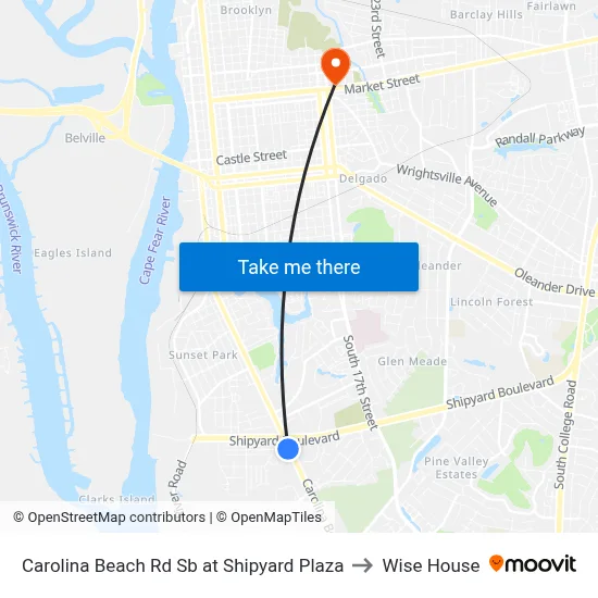 Carolina Beach Rd Sb at Shipyard Plaza to Wise House map