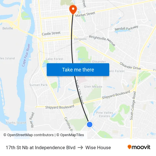 17th St Nb at Independence Blvd to Wise House map