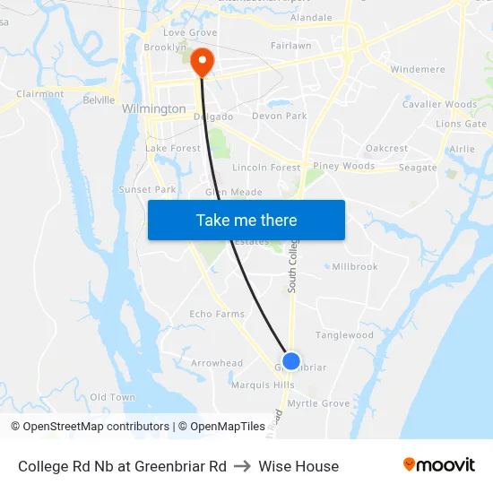 College Rd Nb at Greenbriar Rd to Wise House map