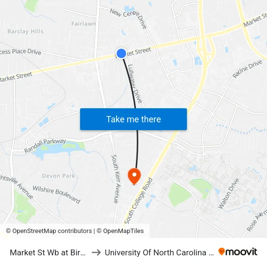 Market St Wb at Birchwood Dr to University Of North Carolina at Wilmington map
