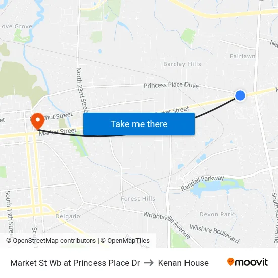Market St Wb at Princess Place Dr to Kenan House map