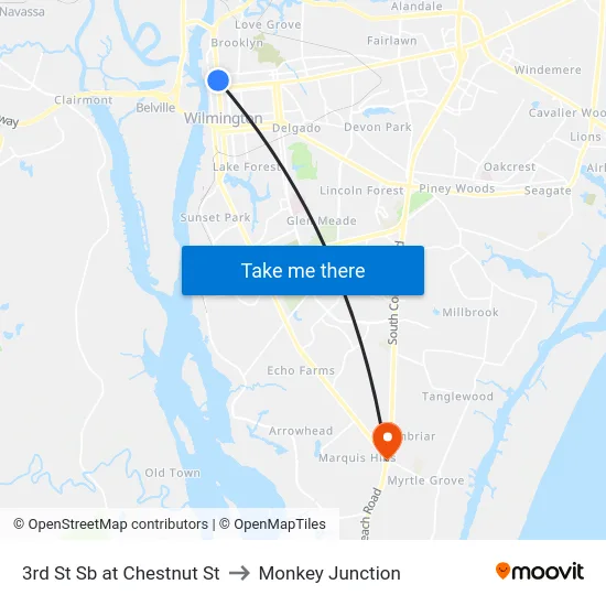 3rd St Sb at Chestnut St to Monkey Junction map