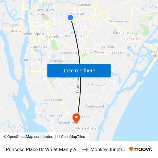 Princess Place Dr Wb at Manly Ave to Monkey Junction map