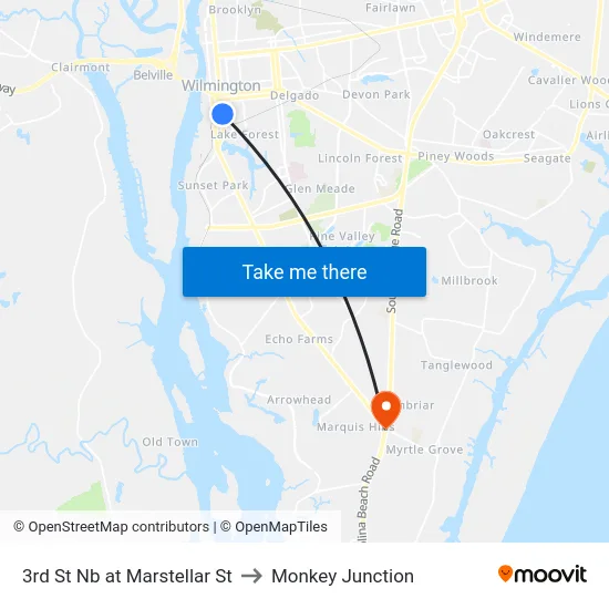 3rd St Nb at Marstellar St to Monkey Junction map