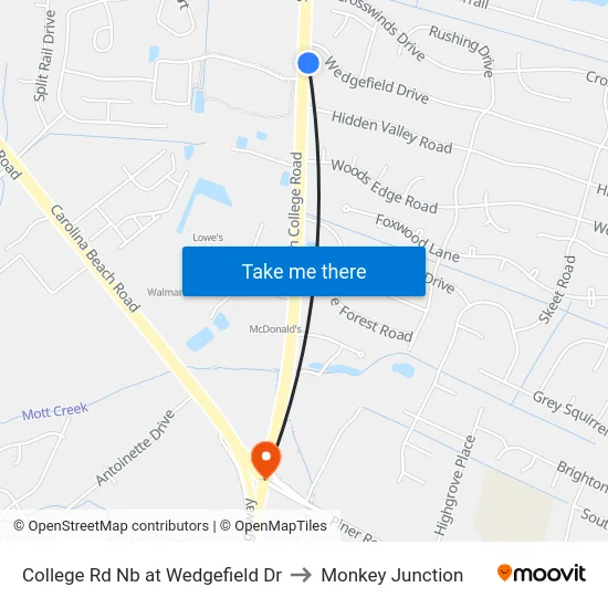 College Rd Nb at Wedgefield Dr to Monkey Junction map