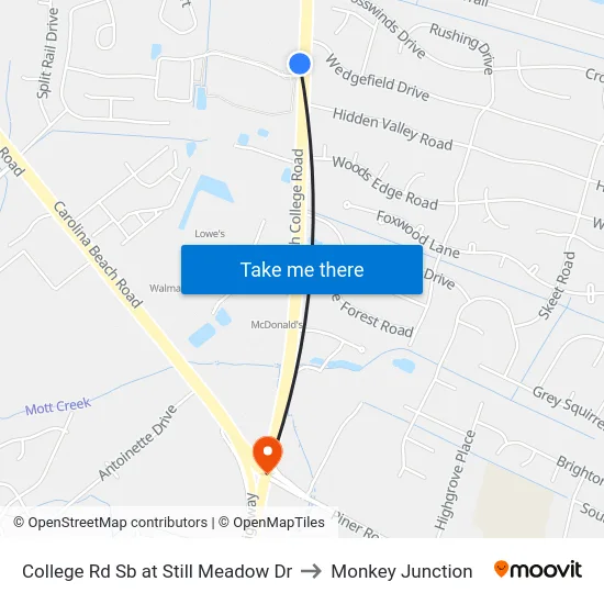 College Rd Sb at Still Meadow Dr to Monkey Junction map
