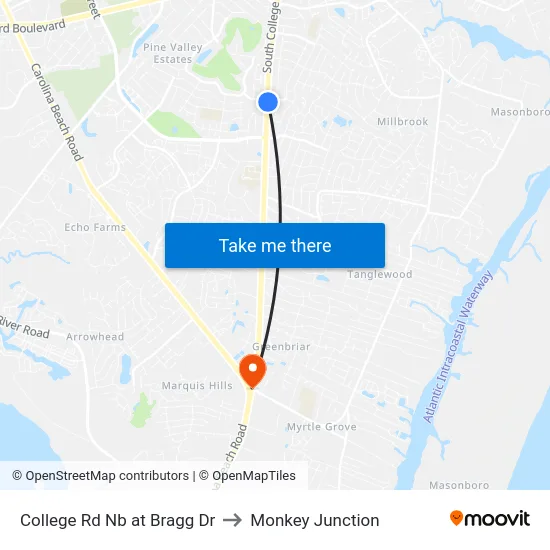 College Rd Nb at Bragg Dr to Monkey Junction map