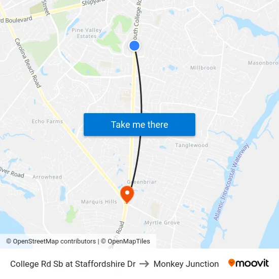 College Rd Sb at Staffordshire Dr to Monkey Junction map