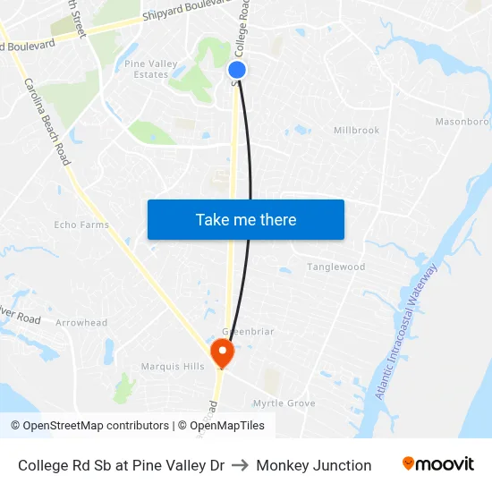 College Rd Sb at Pine Valley Dr to Monkey Junction map