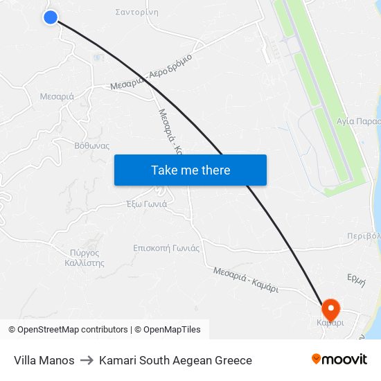 Villa Manos to Kamari South Aegean Greece map