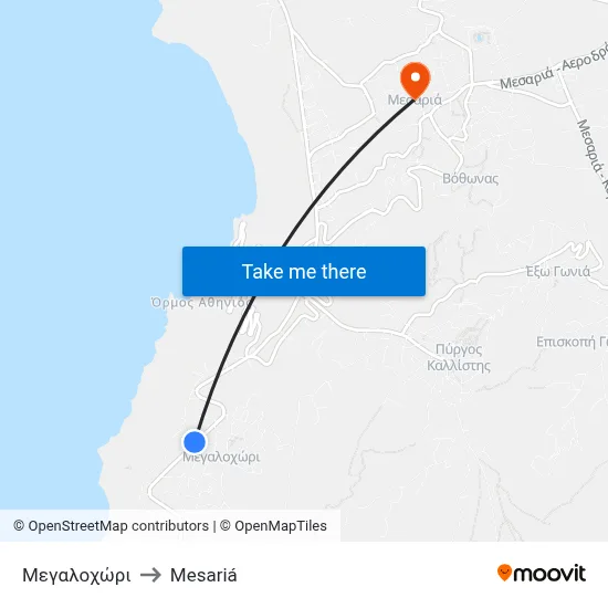 Megalochori to Mesaria map
