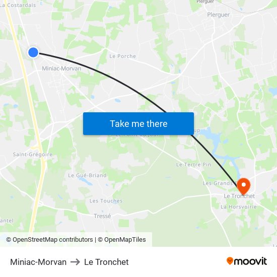 Miniac-Morvan to Le Tronchet map