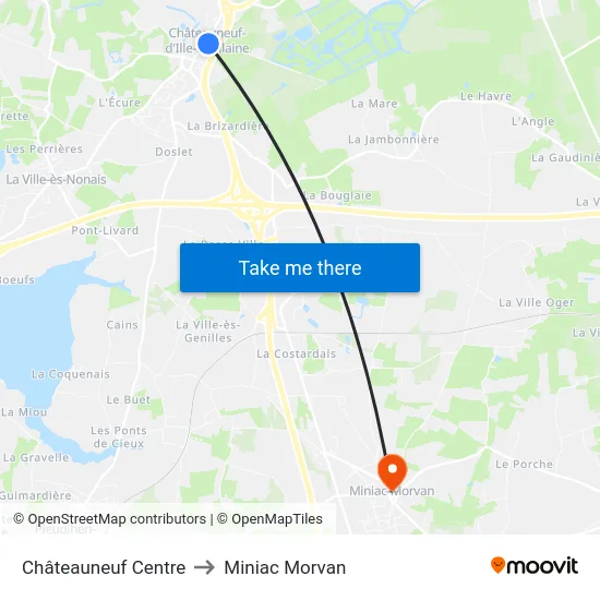 Châteauneuf Centre to Miniac Morvan map