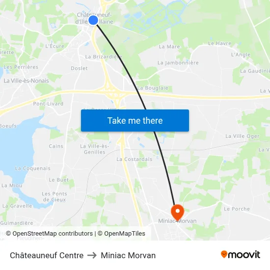 Châteauneuf Centre to Miniac Morvan map