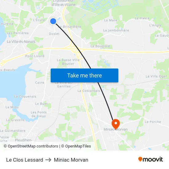 Le Clos Lessard to Miniac Morvan map
