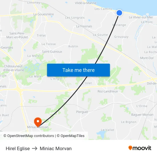 Hirel Eglise to Miniac Morvan map