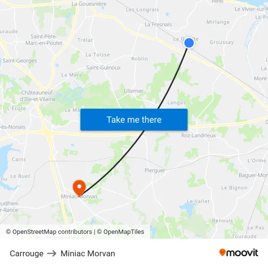 Carrouge to Miniac Morvan map