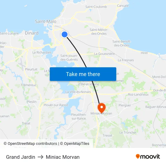 Grand Jardin to Miniac Morvan map
