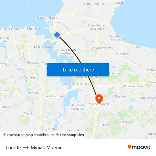 Lorette to Miniac Morvan map