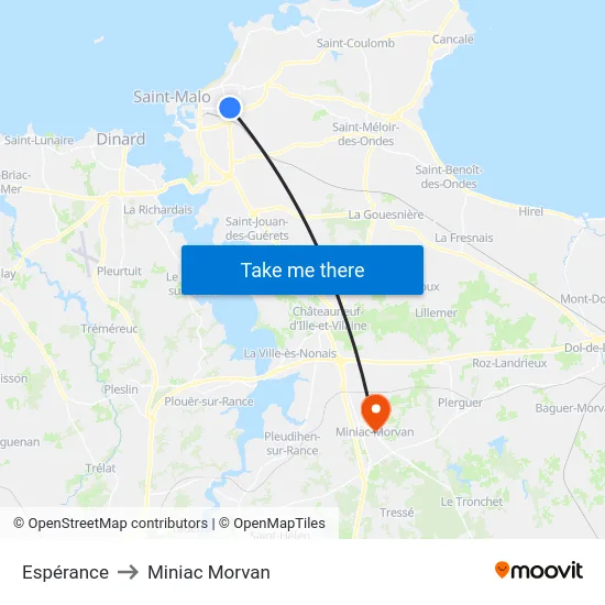 Espérance to Miniac Morvan map