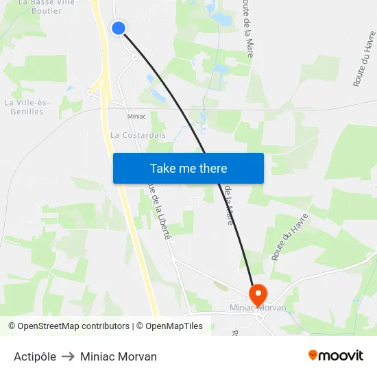 Actipôle to Miniac Morvan map