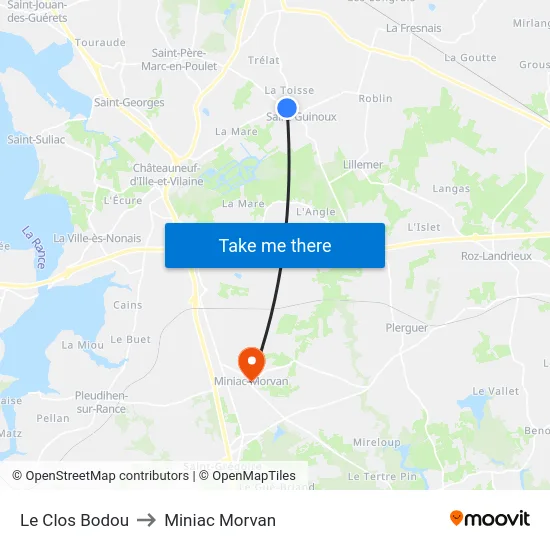 Le Clos Bodou to Miniac Morvan map