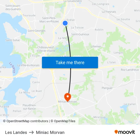 Les Landes to Miniac Morvan map