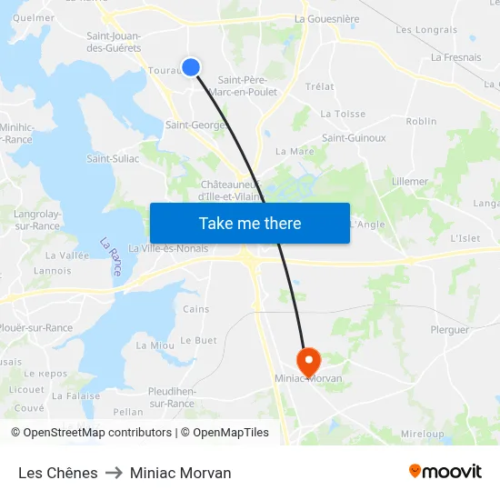 Les Chênes to Miniac Morvan map