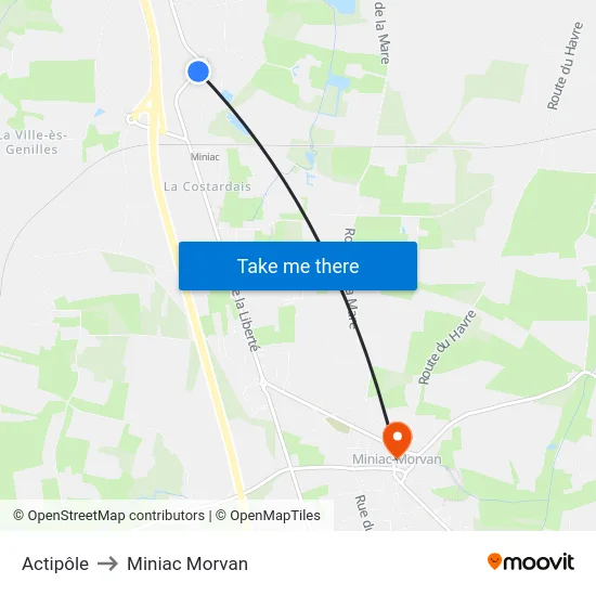 Actipôle to Miniac Morvan map