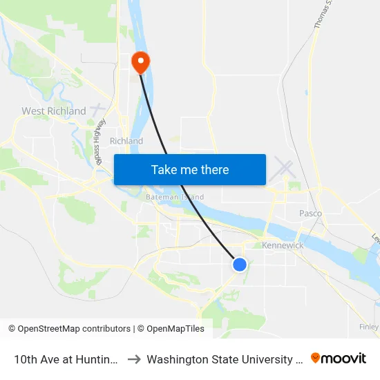 10th Ave at Huntington St to Washington State University Tri-Cities map